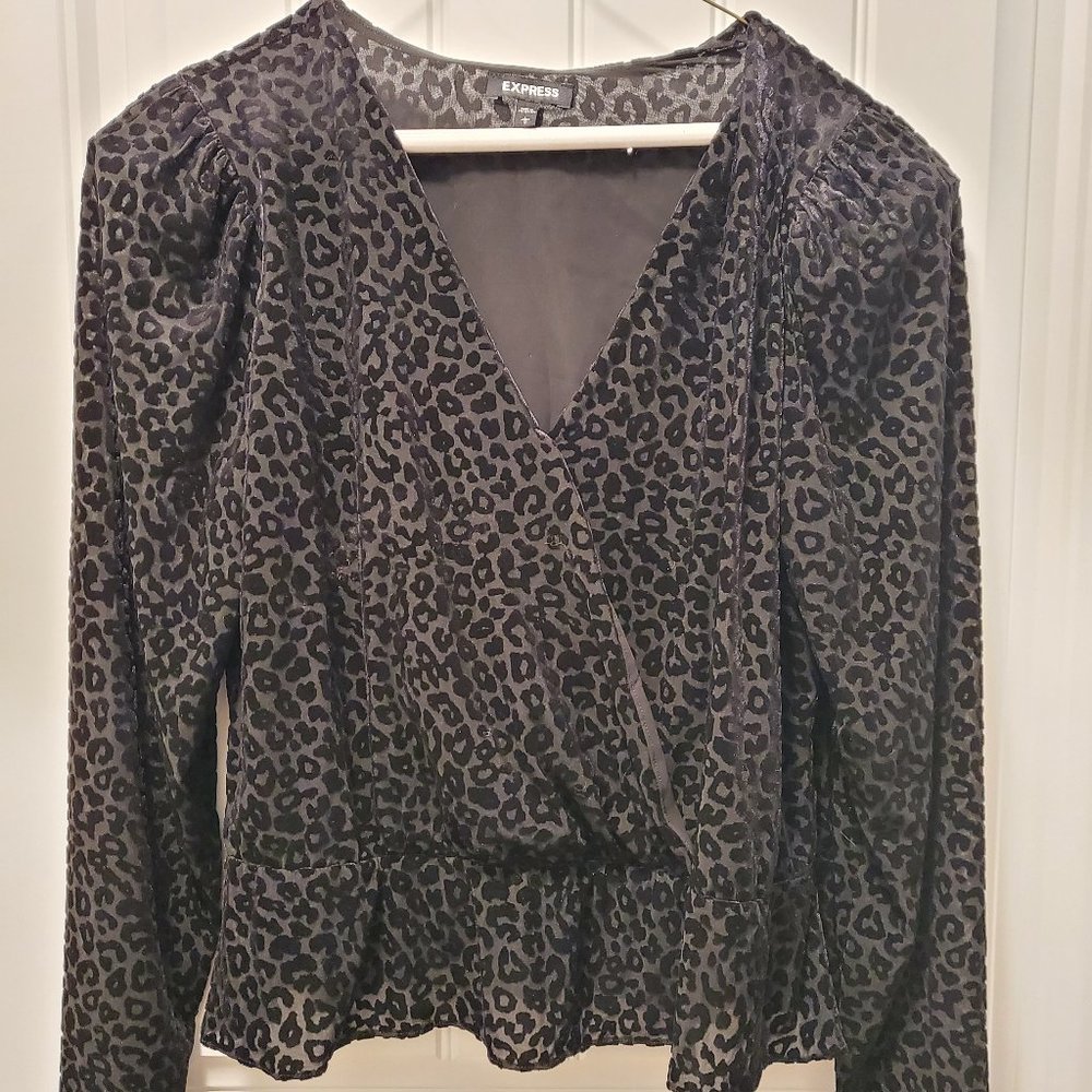 Express Black and Gray Leopard Print Peplum Top